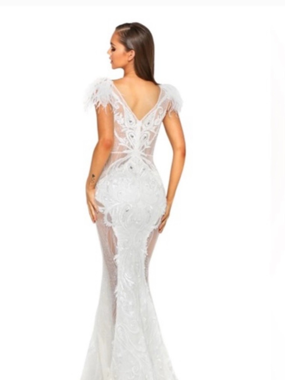 Portia and Scarlett White Feather-Shoulder Embellished Mermaid Gown - Picture 2 of 6